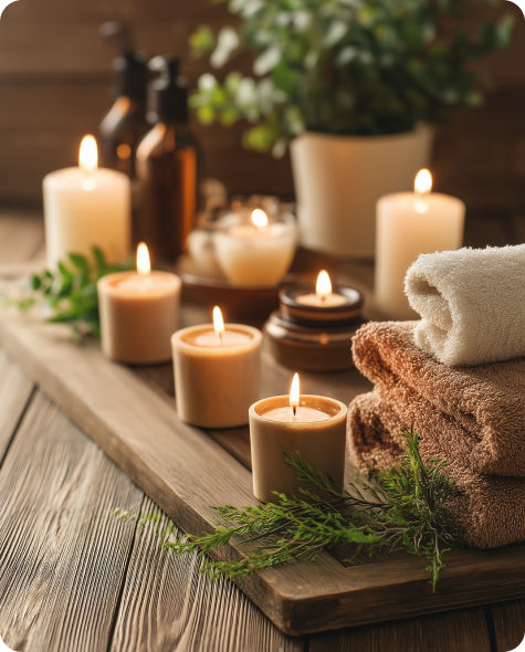 Spa setting with lit candles and towels